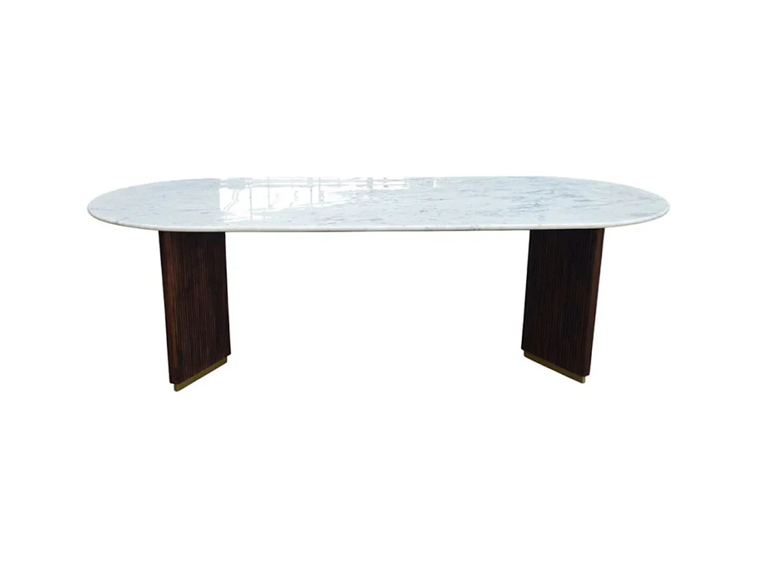 Table de salle à manger ORION – Ovale 240 cm – Plateau en marbre blanc – Pieds bois et métal – Style chic