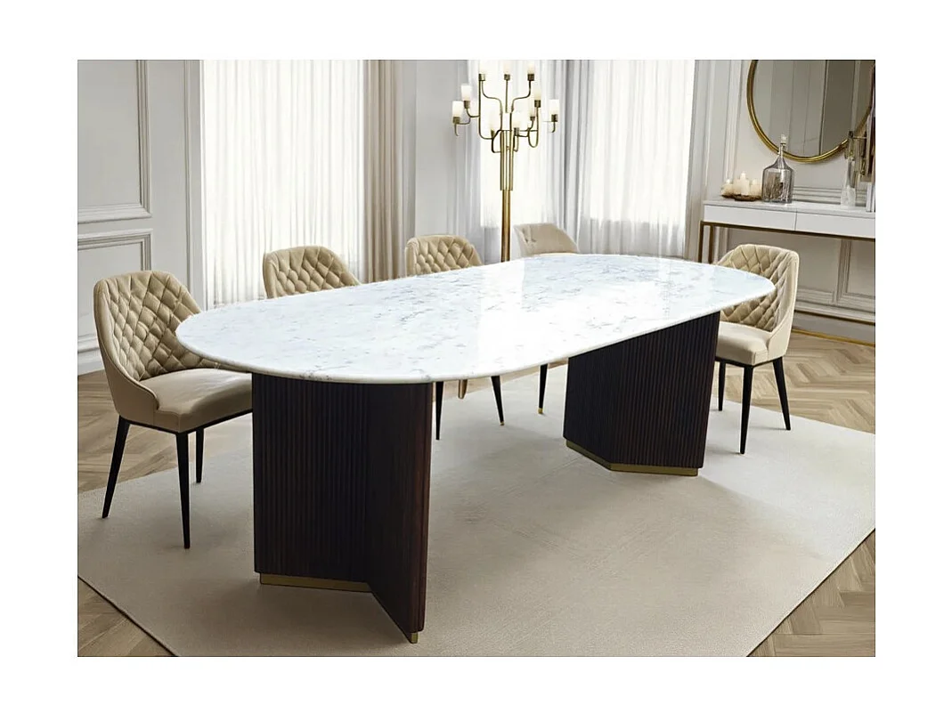 Table de salle à manger ORION – Ovale 240 cm – Plateau en marbre blanc – Pieds bois et métal – Style chic