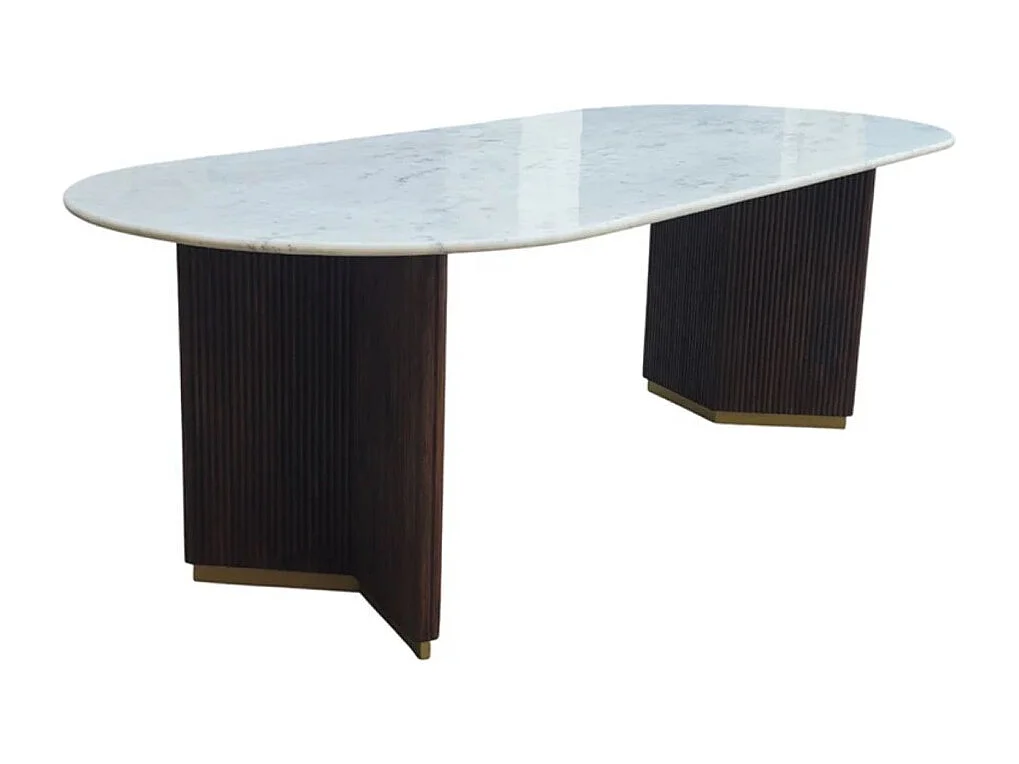 Table de salle à manger ORION – Ovale 240 cm – Plateau en marbre blanc – Pieds bois et métal – Style chic