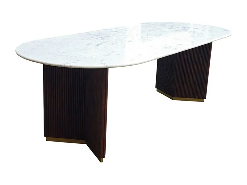 Table de salle à manger ORION – Ovale 240 cm – Plateau en marbre blanc – Pieds bois et métal – Style chic
