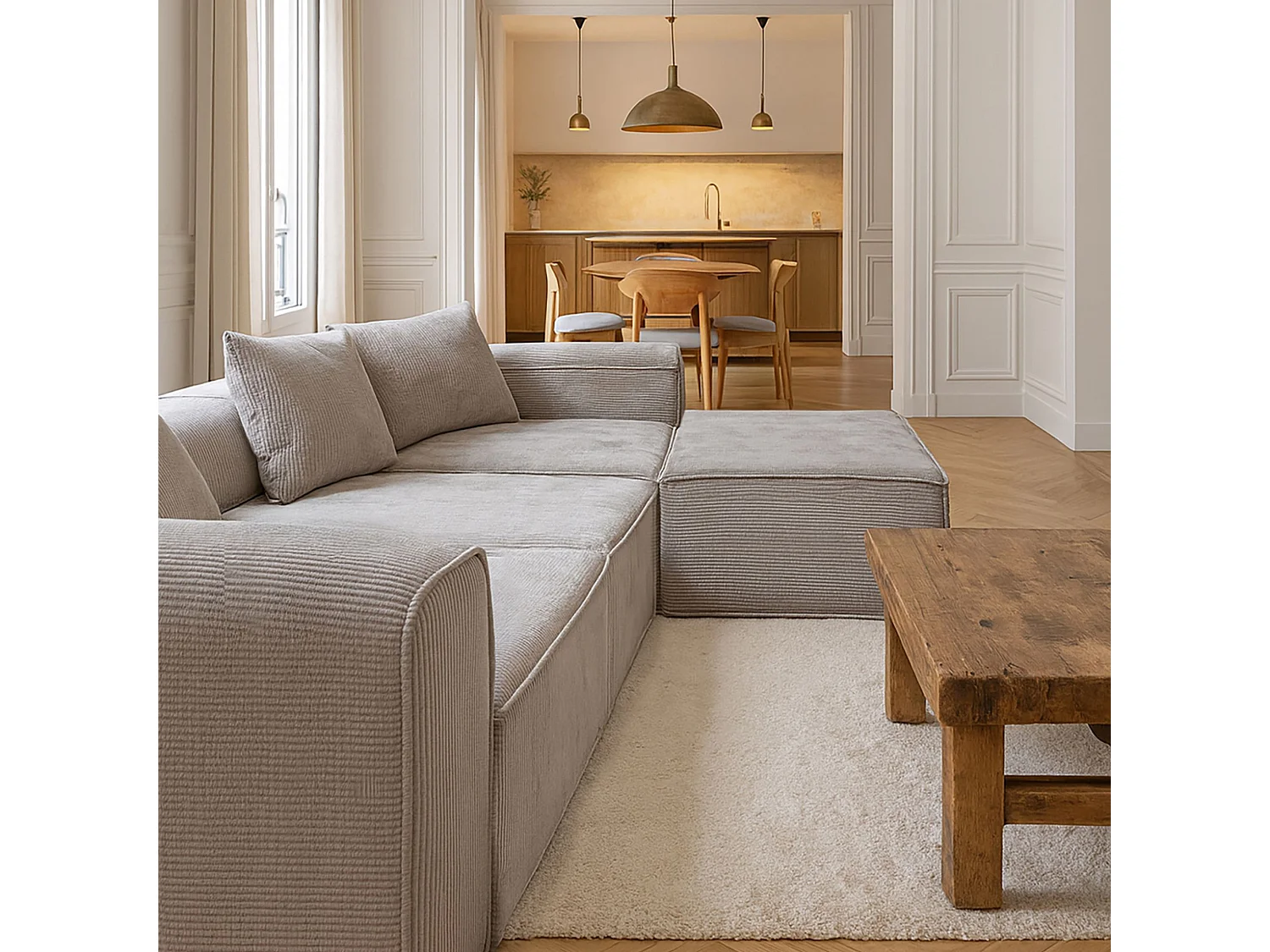 Canapé d'angle compressé 5 places en velours cotele taupe NOW 270x170x58 cm