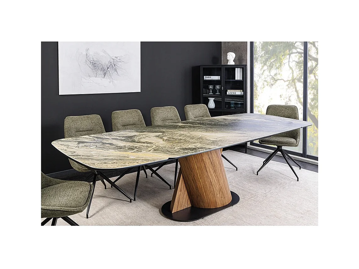 Table de salle à manger VORTEX – Extensible 180 à 260 cm – Plateau céramique aspect marbre beige – Pieds métal – Style moderne