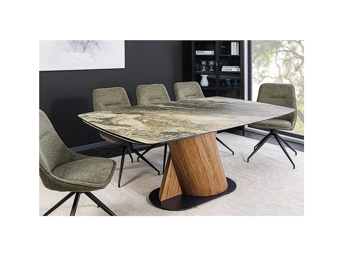 Table de salle à manger VORTEX – Extensible 180 à 260 cm – Plateau céramique aspect marbre beige – Pieds métal – Style moderne