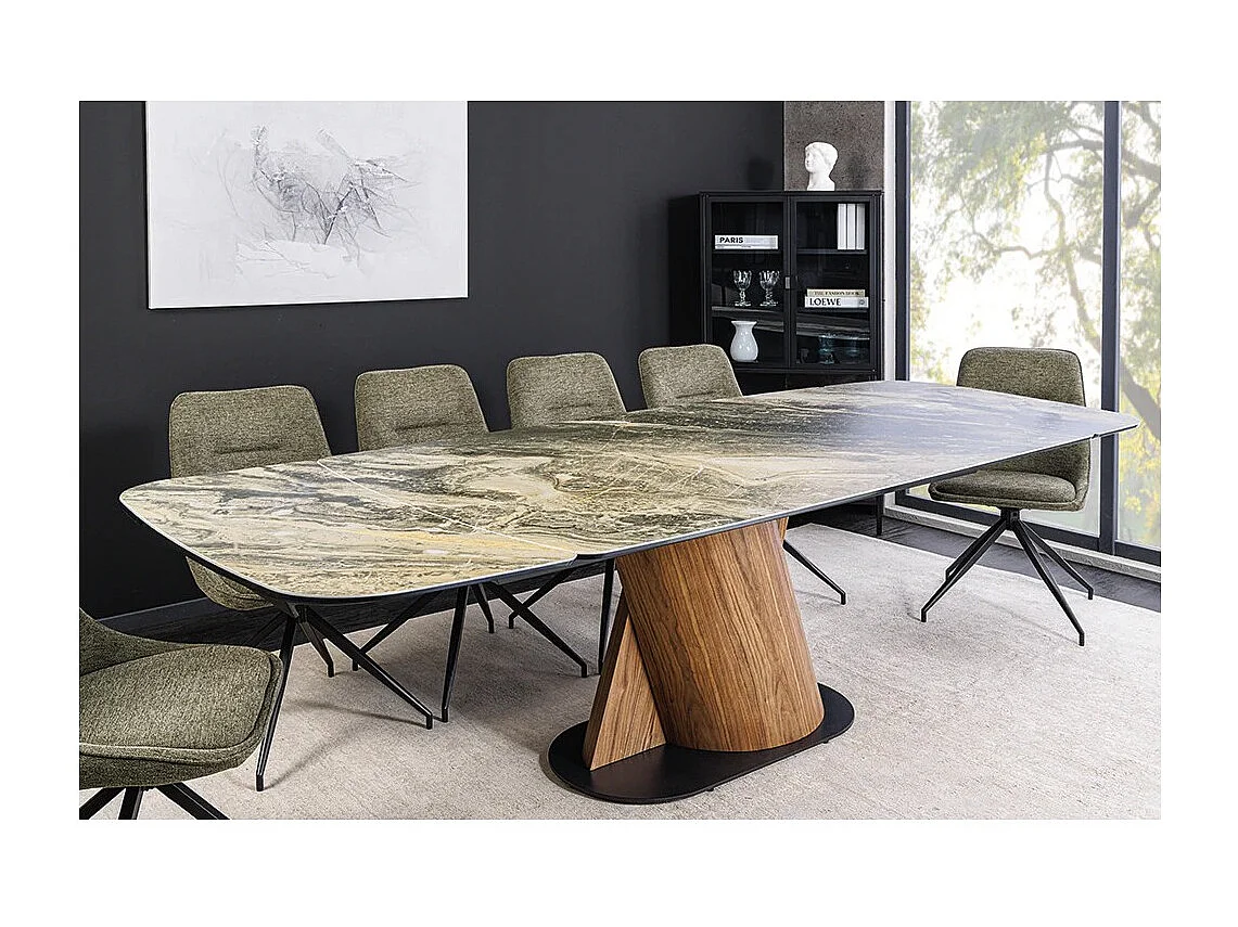 Table de salle à manger VORTEX – Extensible 180 à 260 cm – Plateau céramique aspect marbre beige – Pieds métal – Style moderne