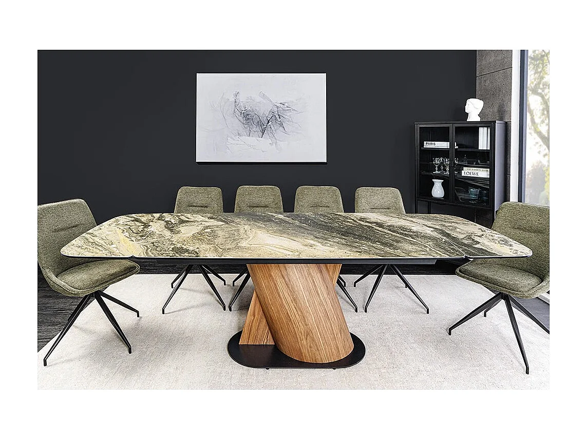 Table de salle à manger VORTEX – Extensible 180 à 260 cm – Plateau céramique aspect marbre beige – Pieds métal – Style moderne