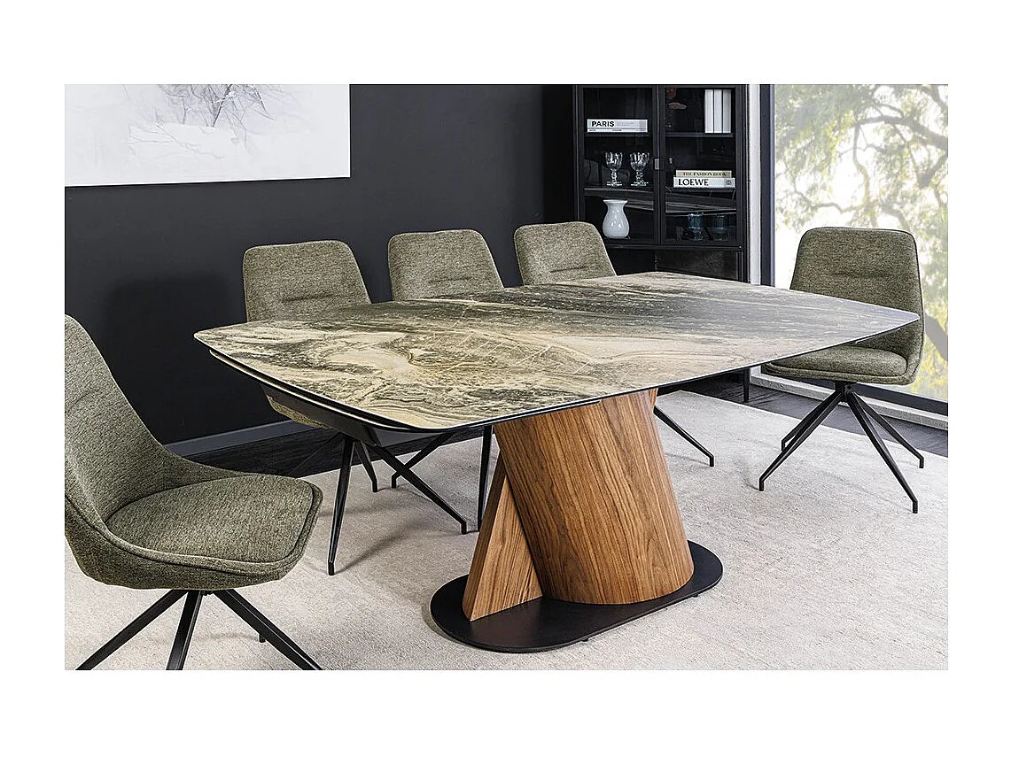 Table de salle à manger VORTEX – Extensible 180 à 260 cm – Plateau céramique aspect marbre beige – Pieds métal – Style moderne