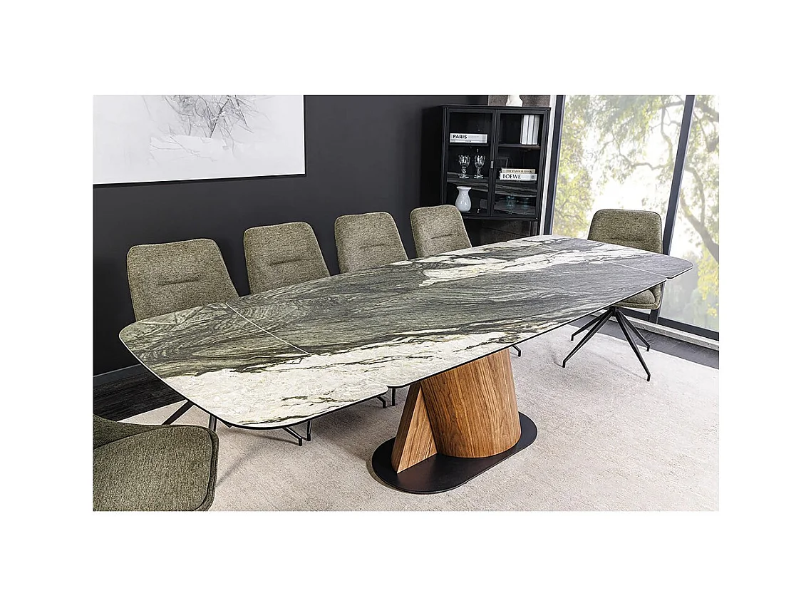 Table de salle à manger VORTEX – Extensible 180 à 260 cm – Plateau céramique aspect marbre gris – Pieds métal – Style moderne