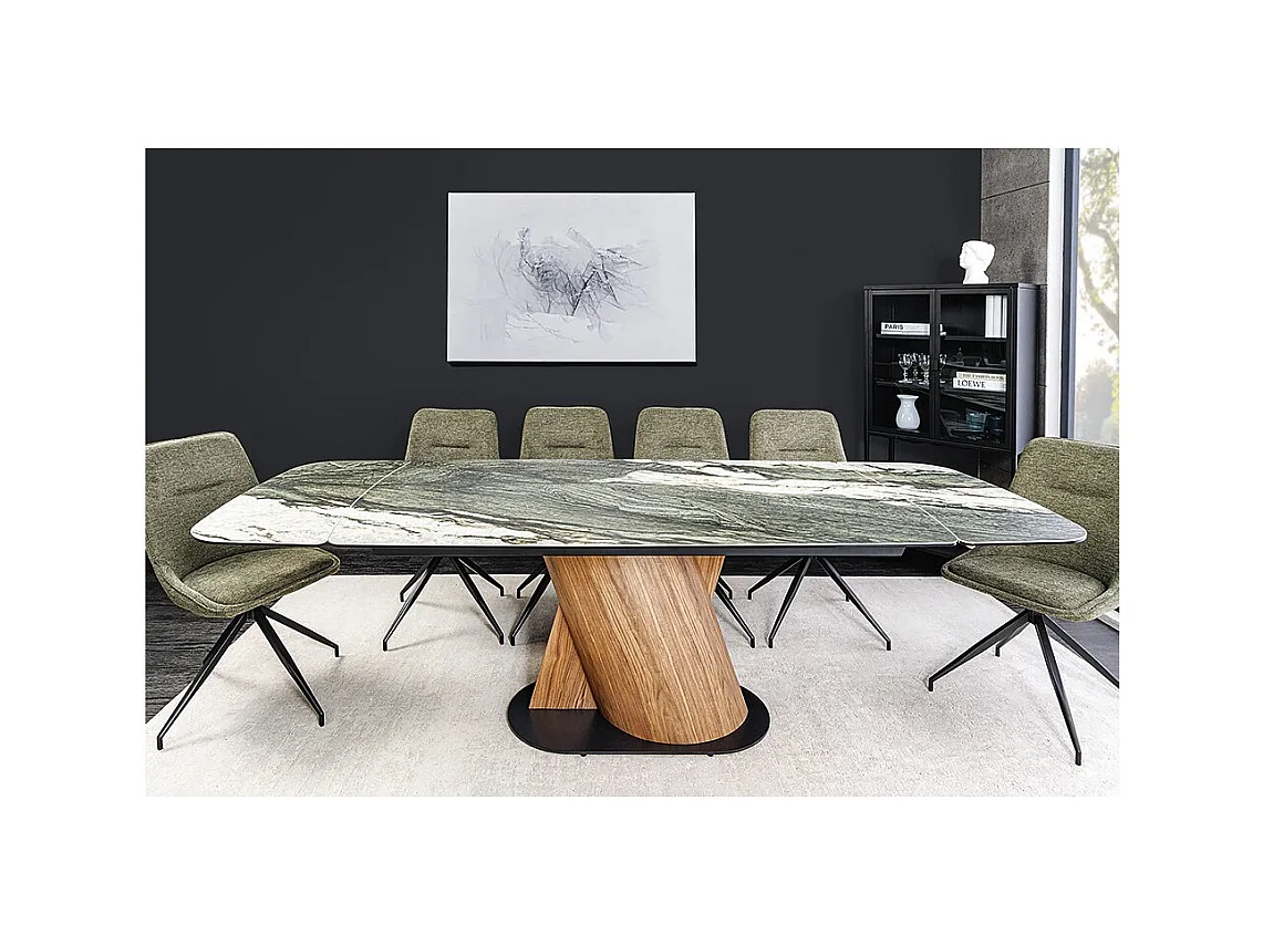 Table de salle à manger VORTEX – Extensible 180 à 260 cm – Plateau céramique aspect marbre gris – Pieds métal – Style moderne