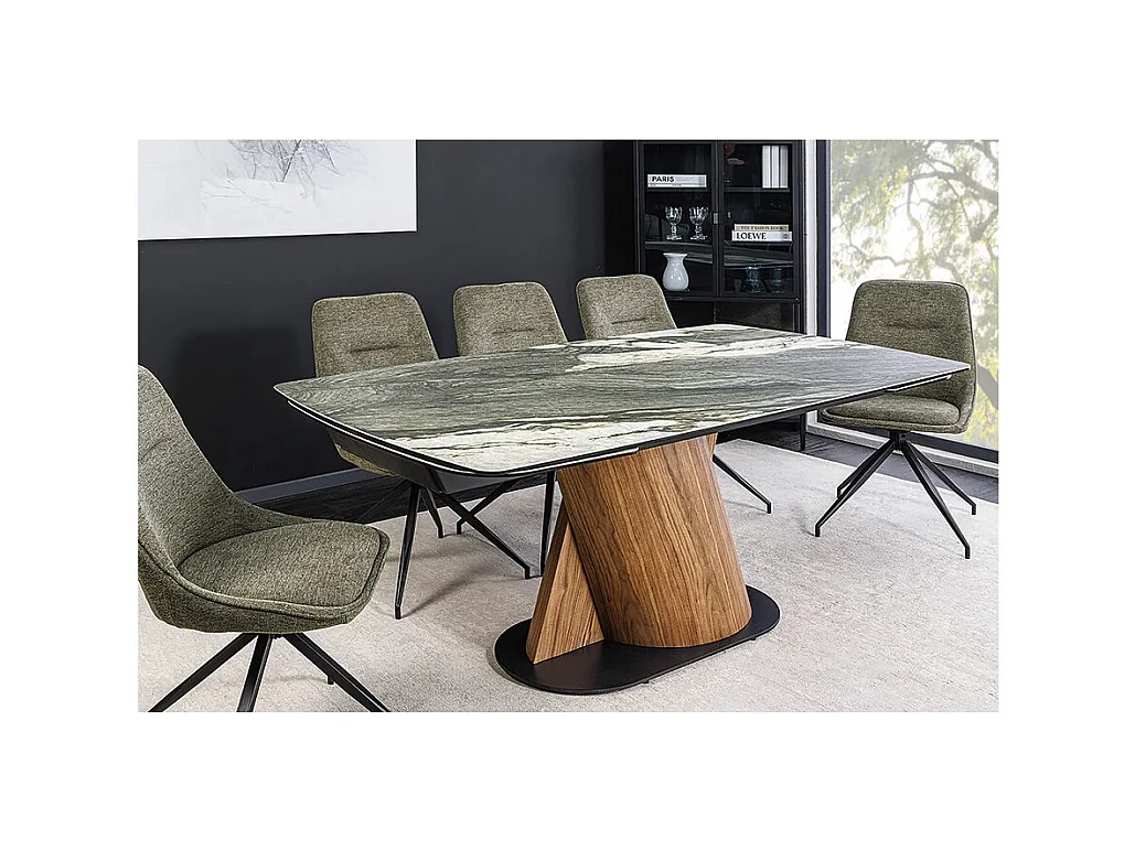 Table de salle à manger VORTEX – Extensible 180 à 260 cm – Plateau céramique aspect marbre gris – Pieds métal – Style moderne