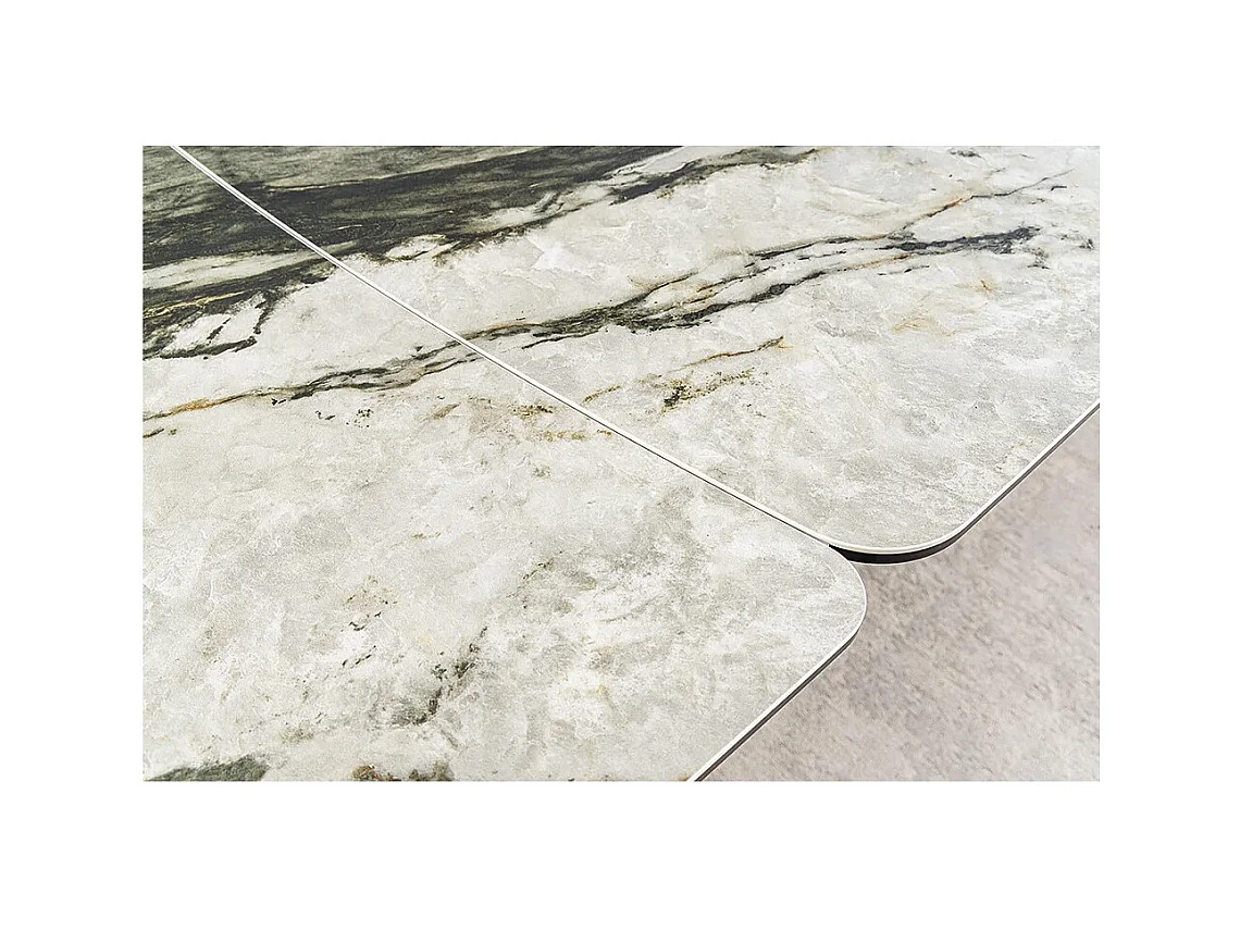 Table de salle à manger VORTEX – Extensible 180 à 260 cm – Plateau céramique aspect marbre gris – Pieds métal – Style moderne