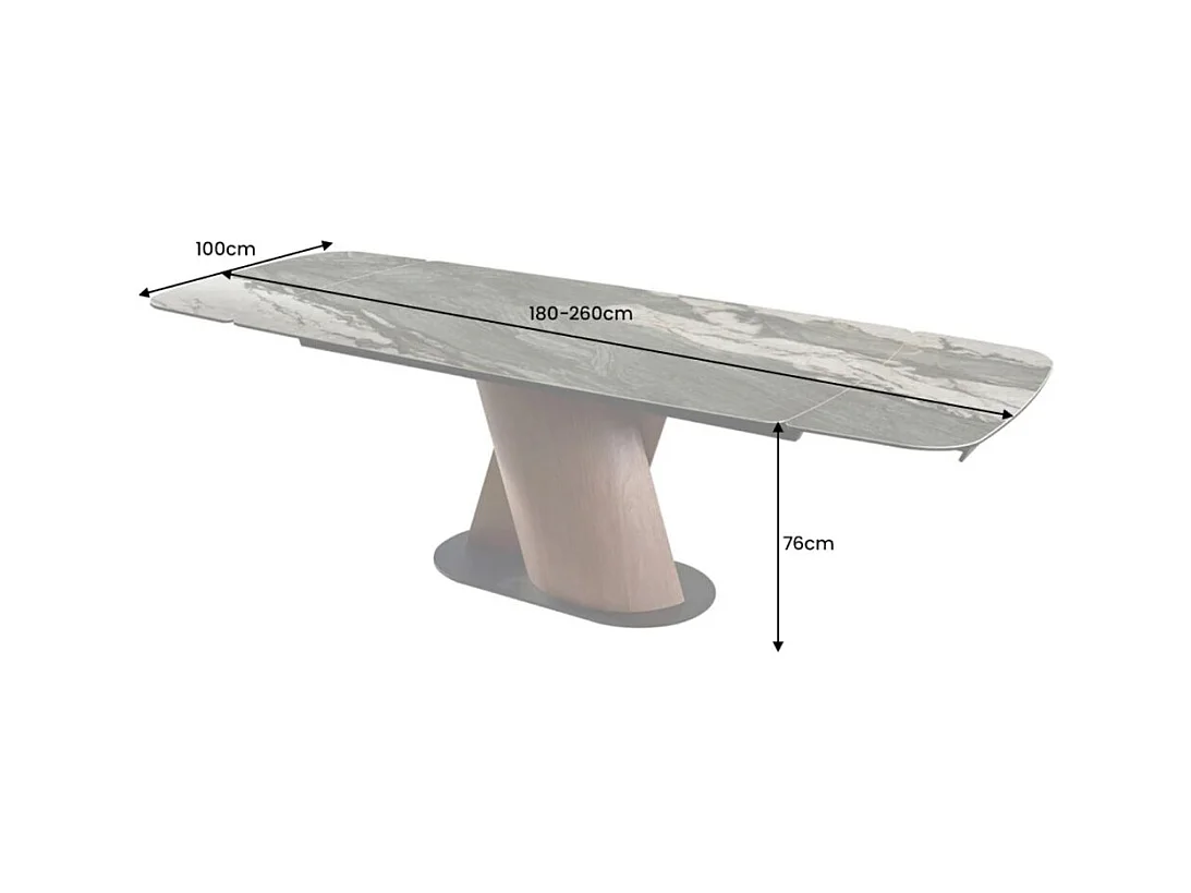 Table de salle à manger VORTEX – Extensible 180 à 260 cm – Plateau céramique aspect marbre gris – Pieds métal – Style moderne