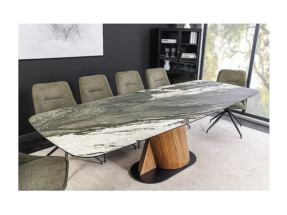 Table de salle à manger VORTEX – Extensible 180 à 260 cm – Plateau céramique aspect marbre gris – Pieds métal – Style moderne