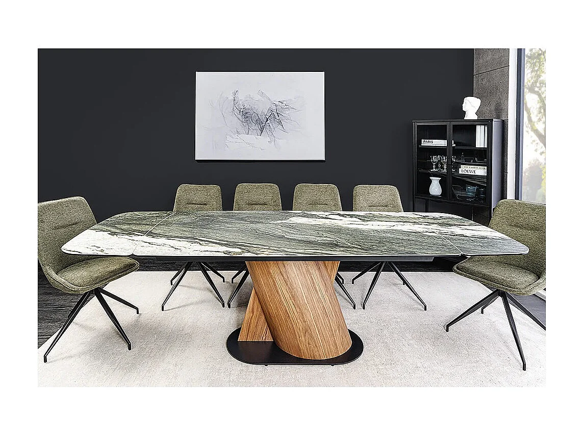 Table de salle à manger VORTEX – Extensible 180 à 260 cm – Plateau céramique aspect marbre gris – Pieds métal – Style moderne