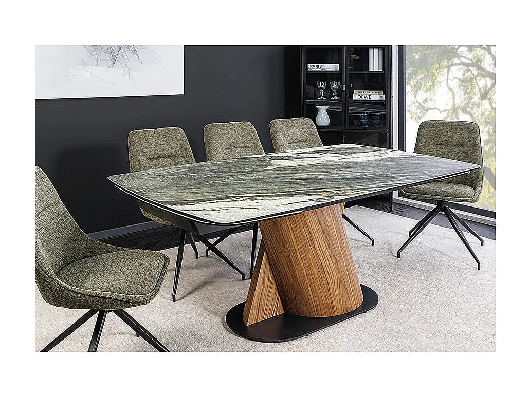 Table de salle à manger VORTEX – Extensible 180 à 260 cm – Plateau céramique aspect marbre gris – Pieds métal – Style moderne