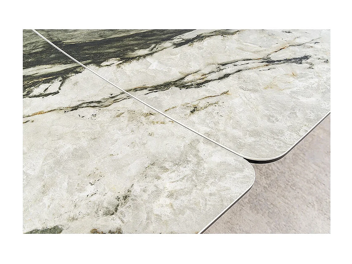 Table de salle à manger VORTEX – Extensible 180 à 260 cm – Plateau céramique aspect marbre gris – Pieds métal – Style moderne