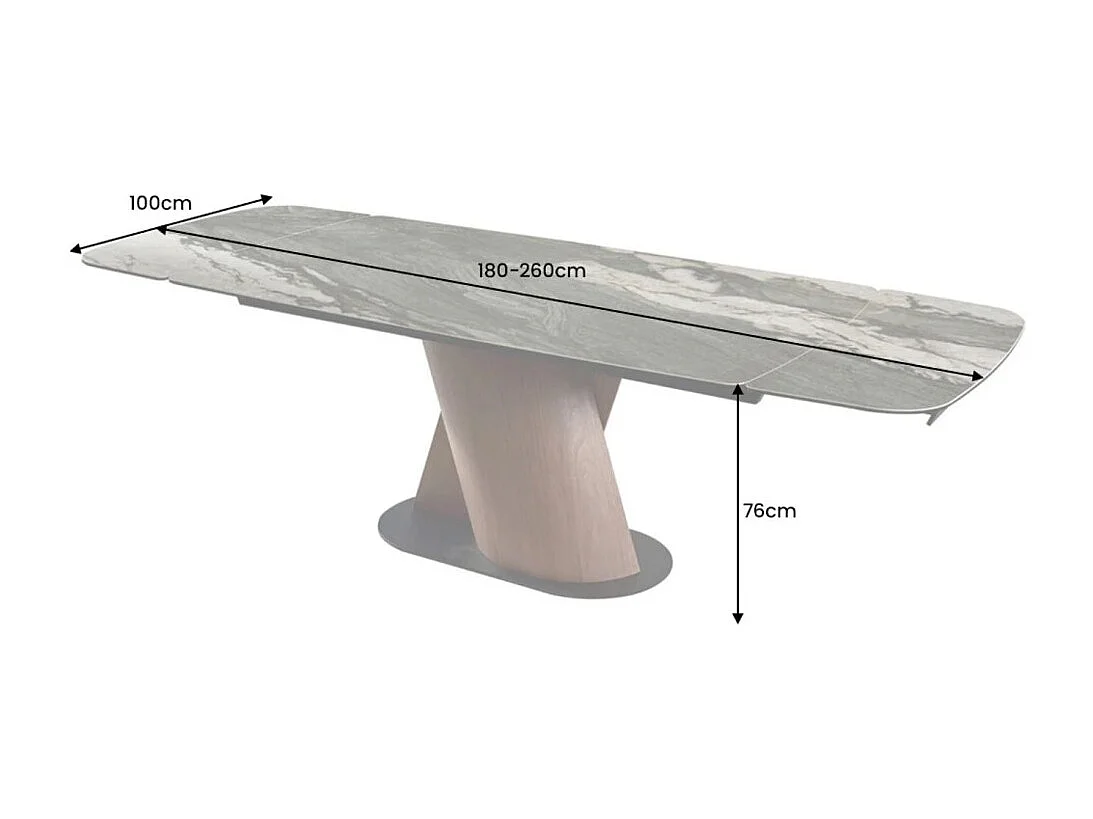 Table de salle à manger VORTEX – Extensible 180 à 260 cm – Plateau céramique aspect marbre gris – Pieds métal – Style moderne