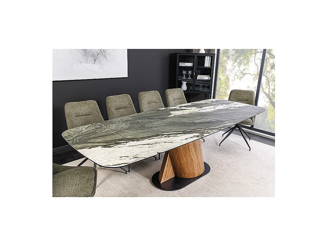 Table de salle à manger VORTEX – Extensible 180 à 260 cm – Plateau céramique aspect marbre gris – Pieds métal – Style moderne