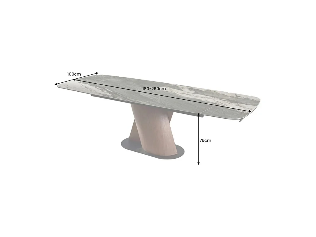 Table de salle à manger VORTEX – Extensible 180 à 260 cm – Plateau céramique aspect marbre gris – Pieds métal – Style moderne