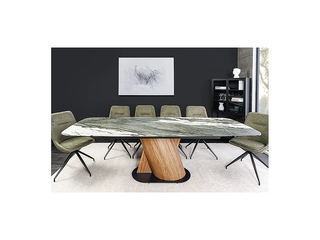 Table de salle à manger VORTEX – Extensible 180 à 260 cm – Plateau céramique aspect marbre gris – Pieds métal – Style moderne