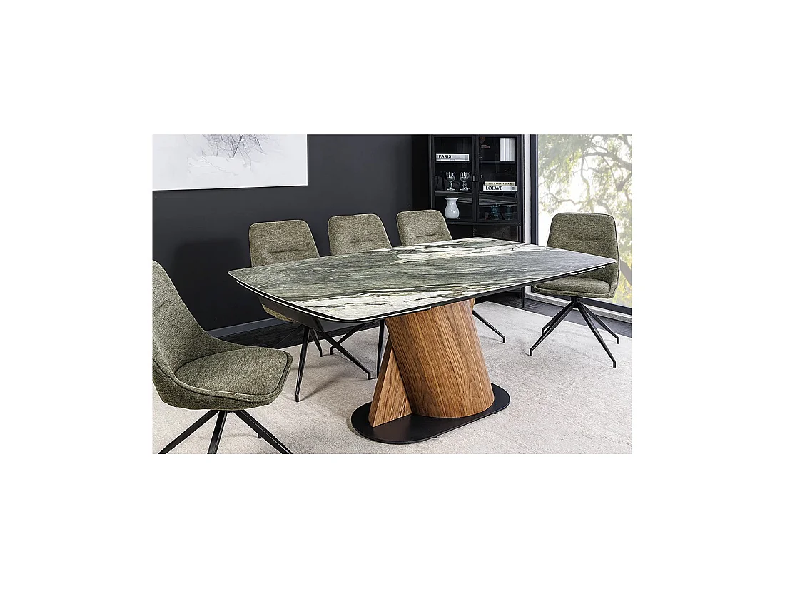Table de salle à manger VORTEX – Extensible 180 à 260 cm – Plateau céramique aspect marbre gris – Pieds métal – Style moderne