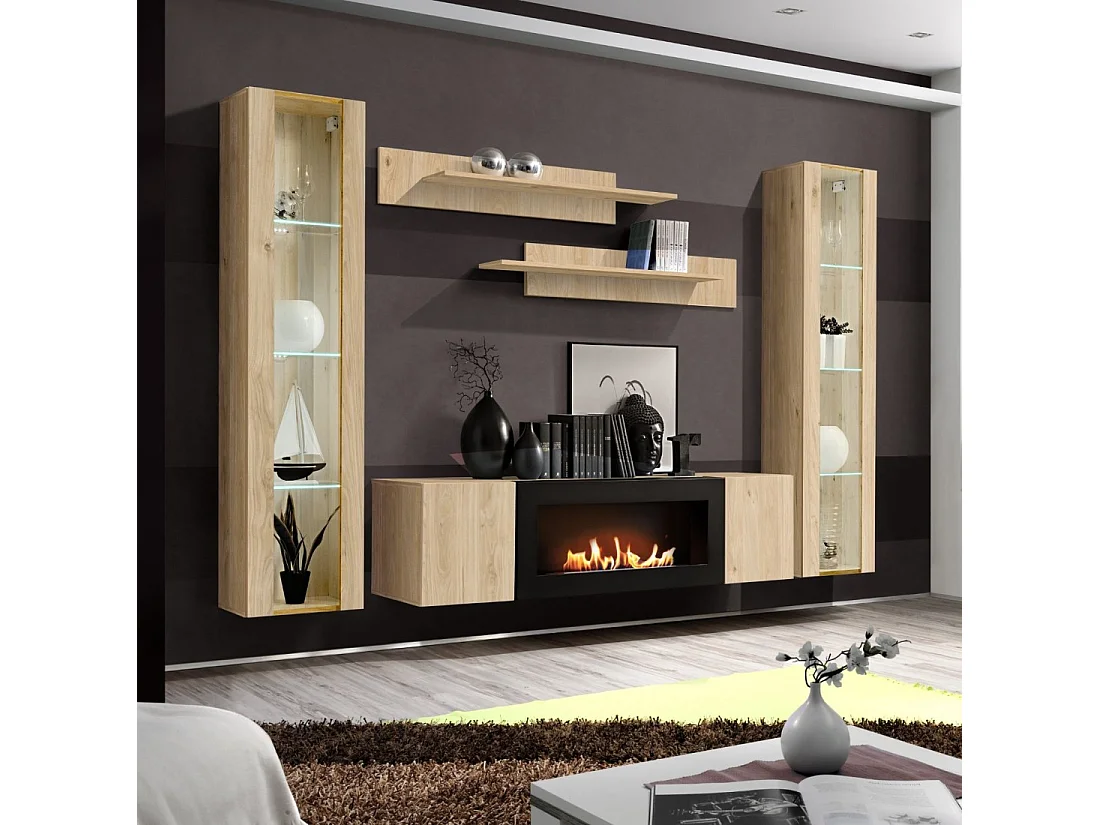 Vitrine FLY 1 porte vitrée - Coloris chêne clair - LED