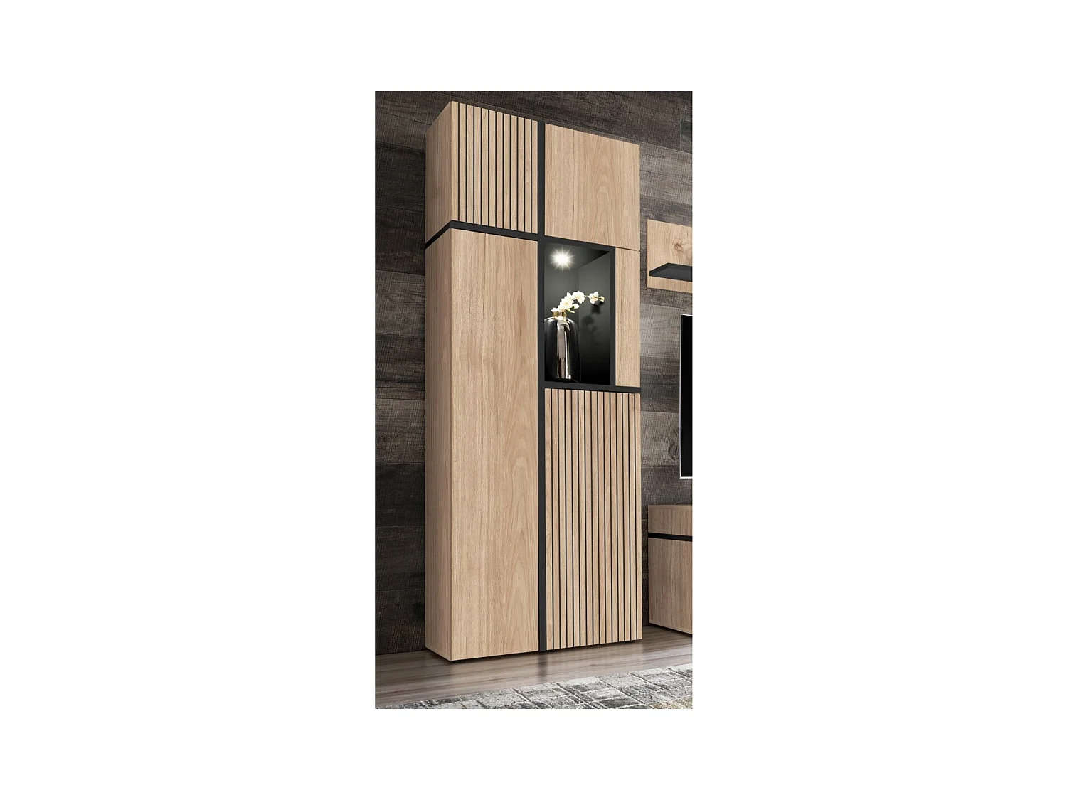 Vitrine CRISS – Bois et métal – Chêne clair et noir – Avec LED