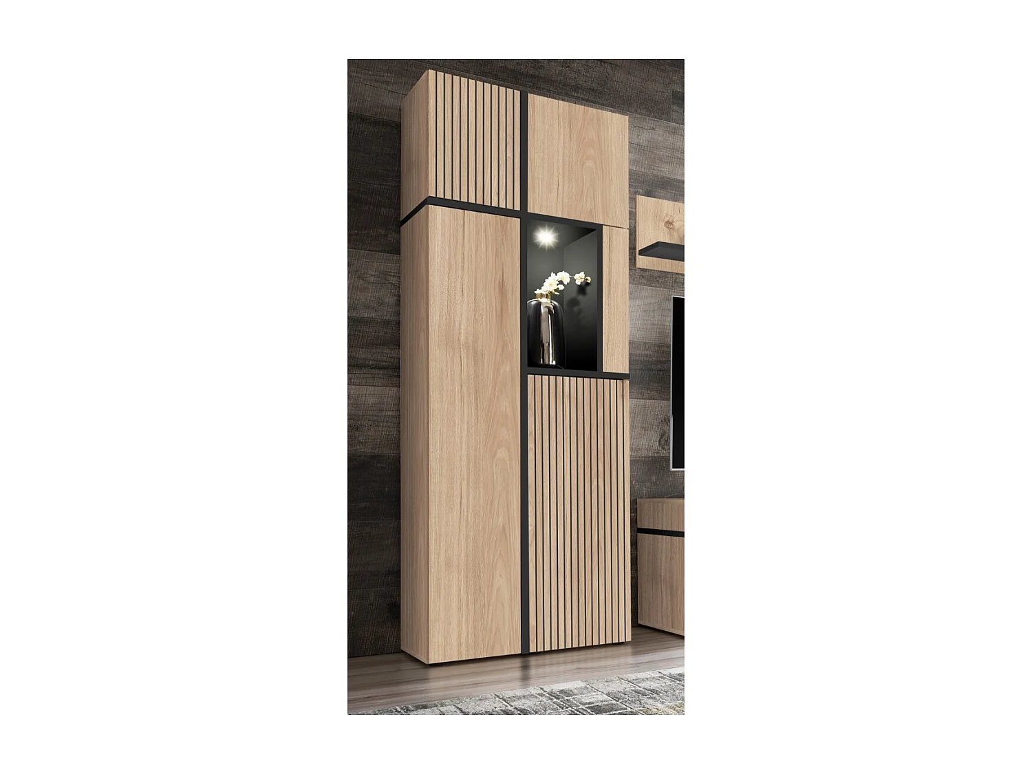 Vitrine CRISS – Bois et métal – Chêne clair et noir – Avec LED