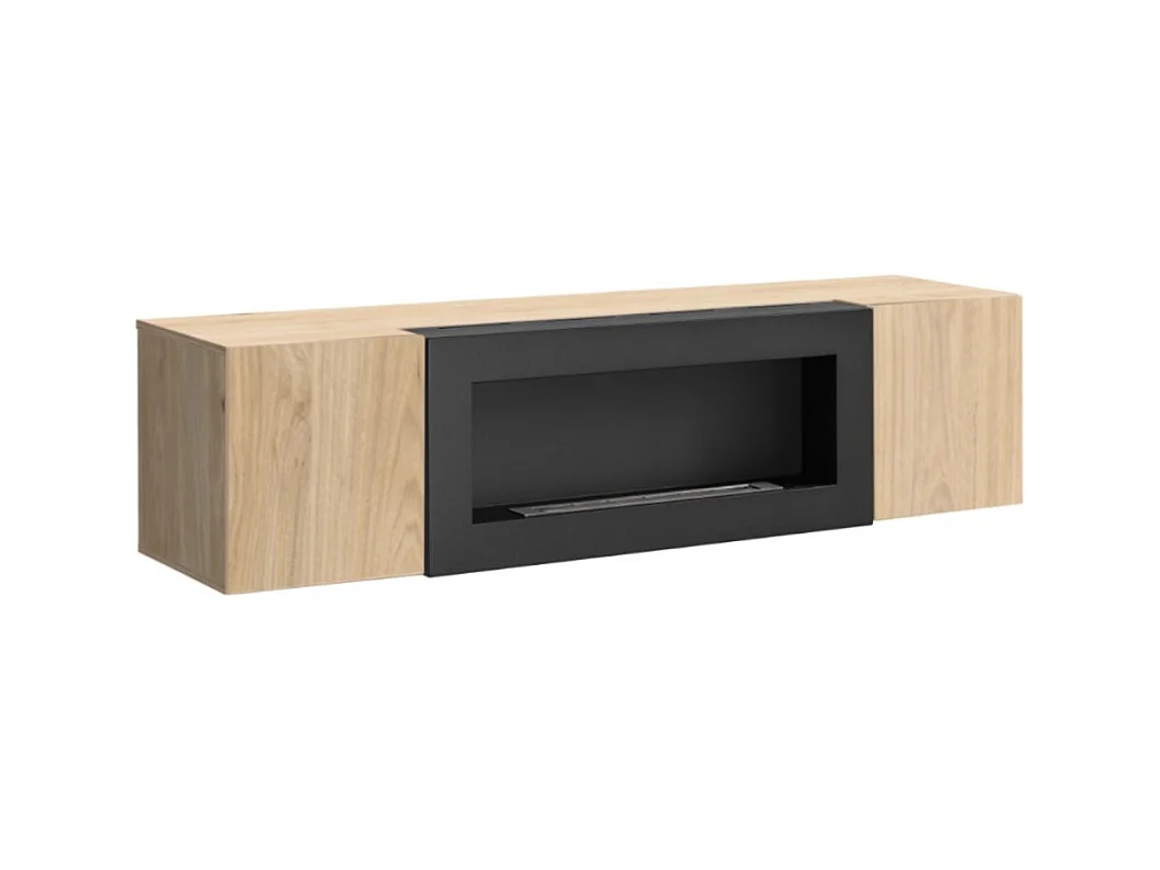 Meuble TV FLY – 2 portes + cheminée bio-éthanol intégrée – Chêne clair