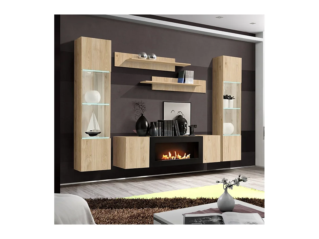 Meuble TV FLY – 2 portes + cheminée bio-éthanol intégrée – Chêne clair