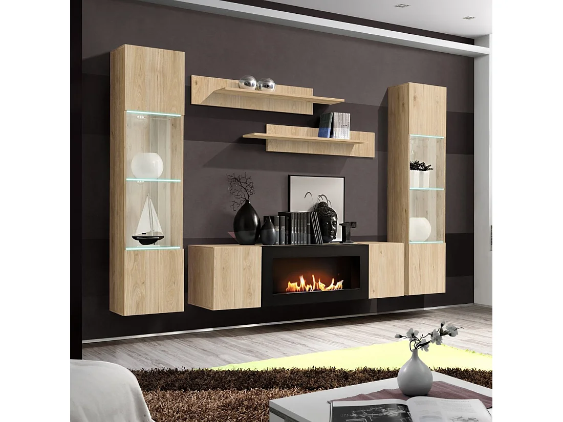 Meuble TV FLY – 2 portes + cheminée bio-éthanol intégrée – Chêne clair