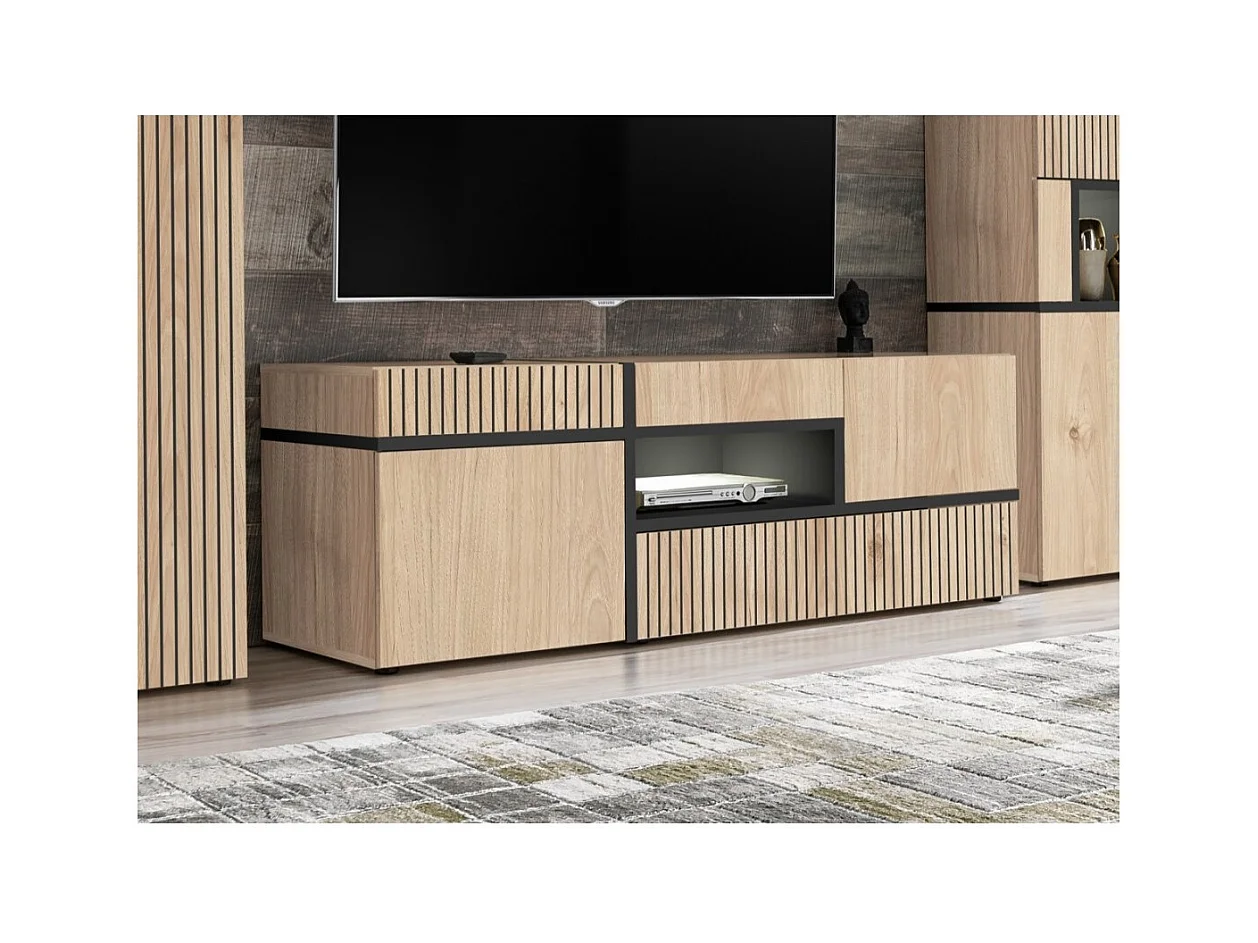Meuble TV CRISS – 2 portes, 1 tiroir, LED – Chêne clair et noir
