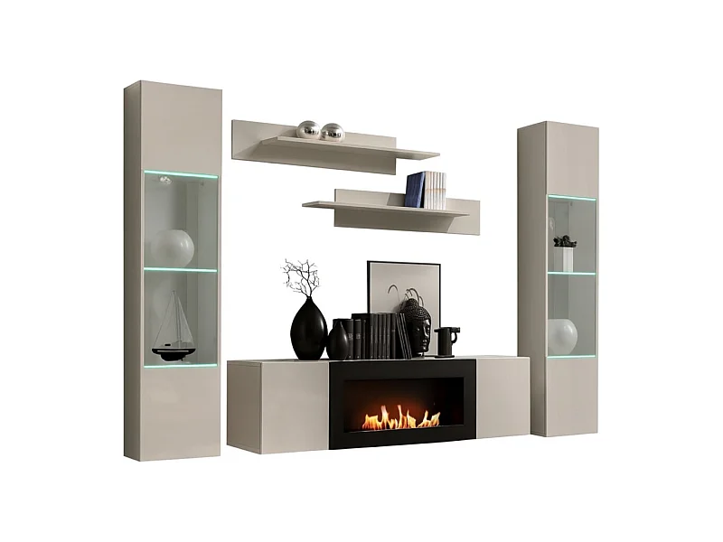 Composition murale FLY cachemire avec vitrines partiellement vitrées, cheminée bio-éthanol et LED