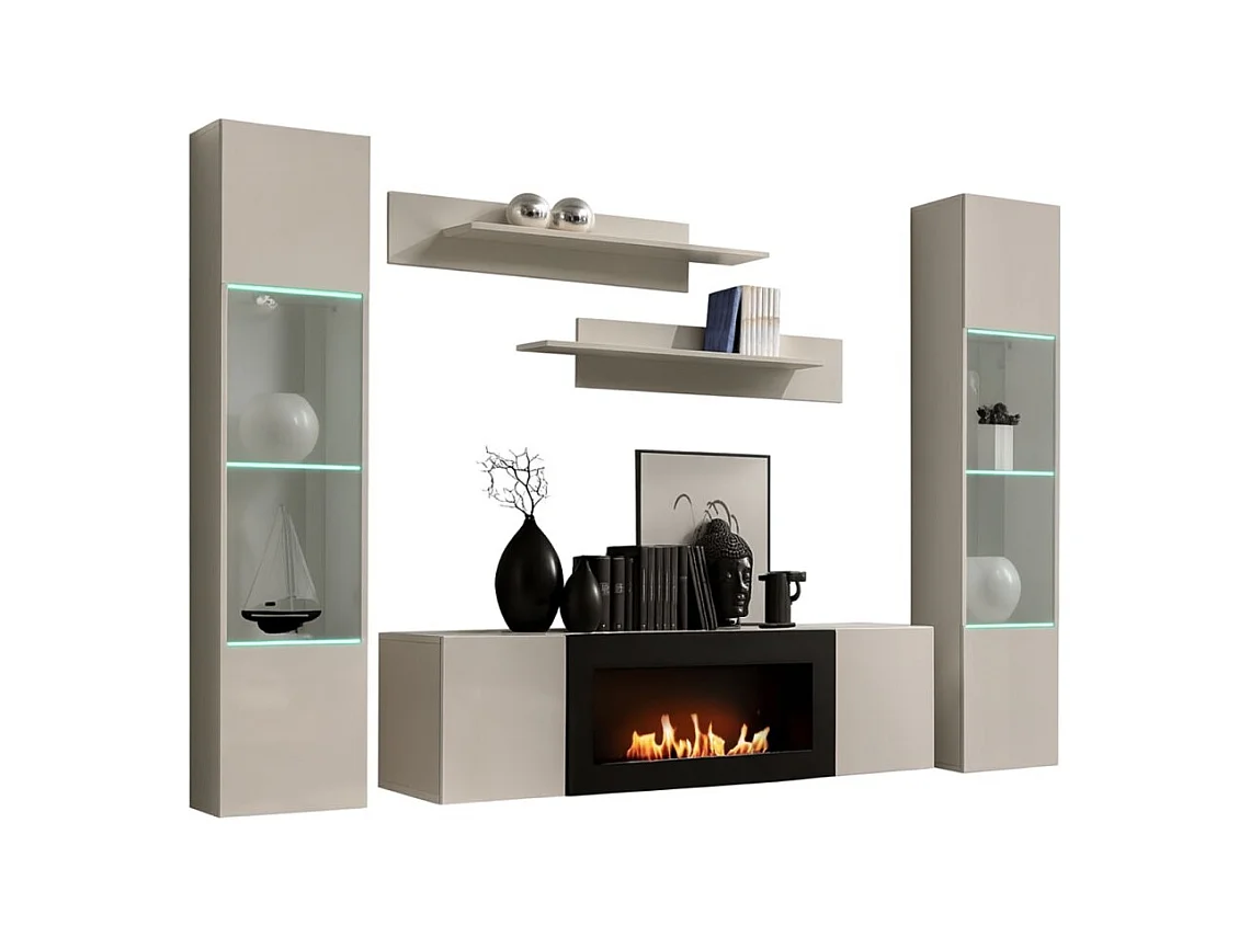 Composition murale FLY cachemire avec vitrines partiellement vitrées, cheminée bio-éthanol et LED