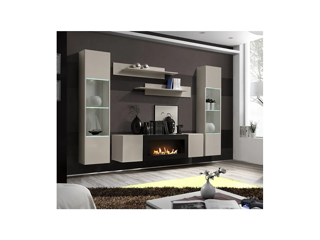 Composition murale FLY cachemire avec vitrines partiellement vitrées, cheminée bio-éthanol et LED