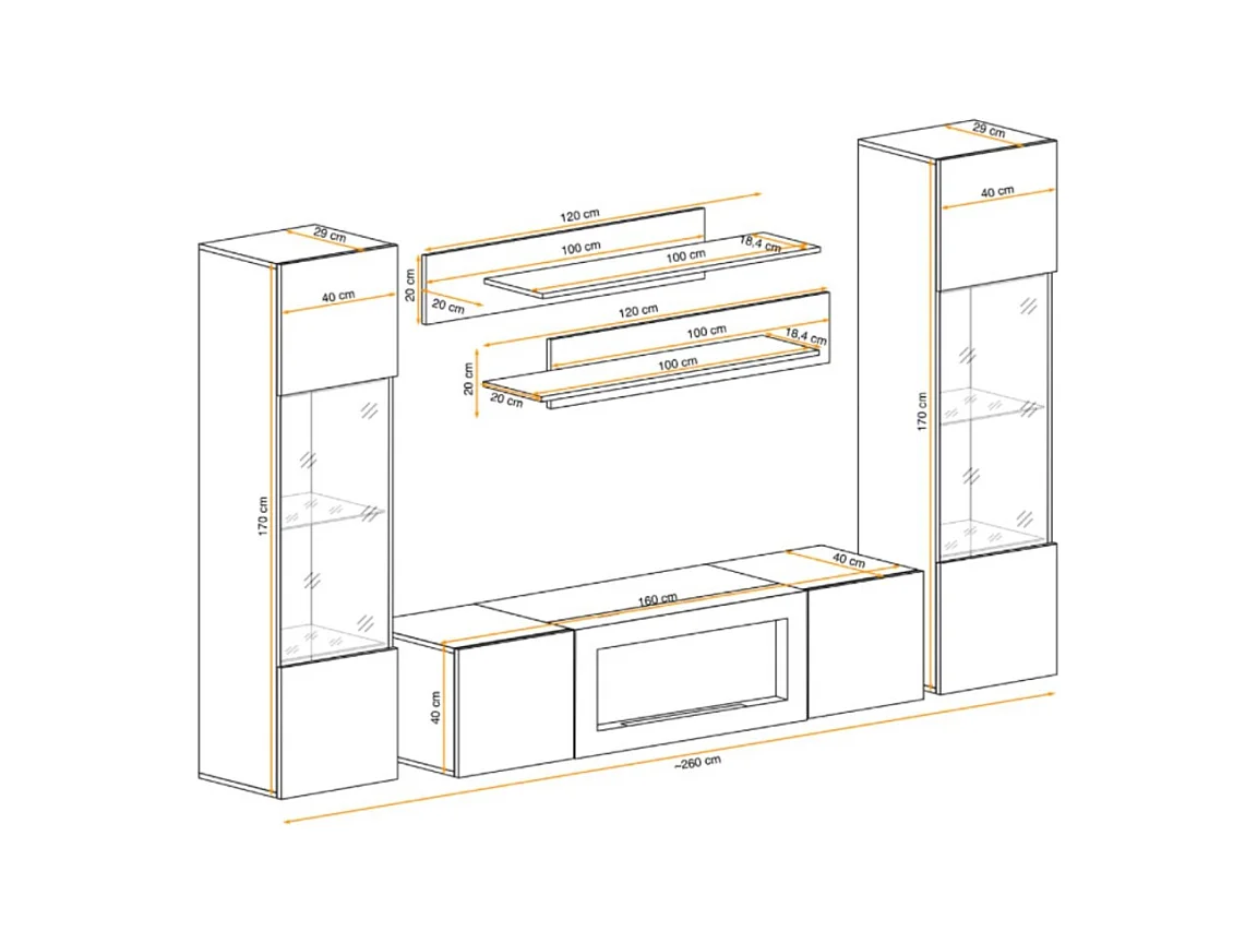 Composition murale FLY cachemire avec vitrines partiellement vitrées, cheminée bio-éthanol et LED