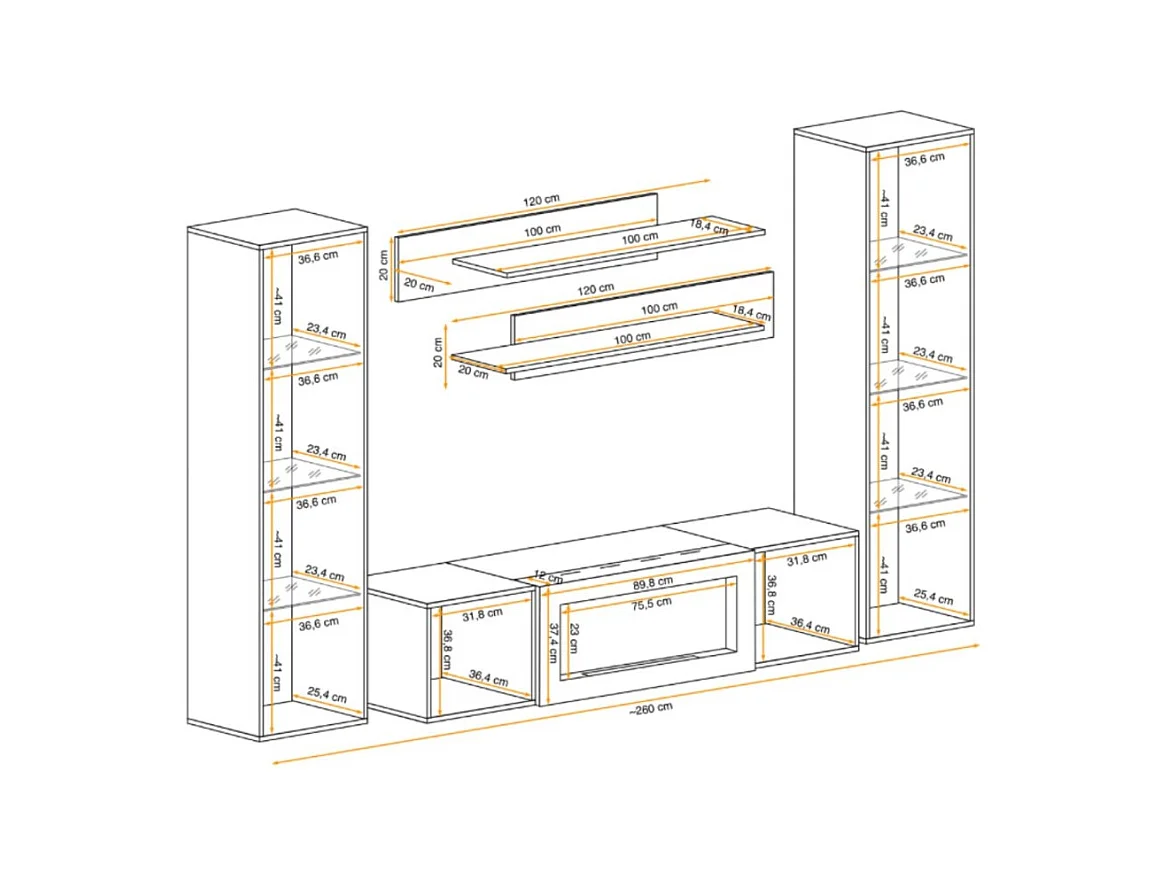 Composition murale FLY cachemire avec vitrines partiellement vitrées, cheminée bio-éthanol et LED