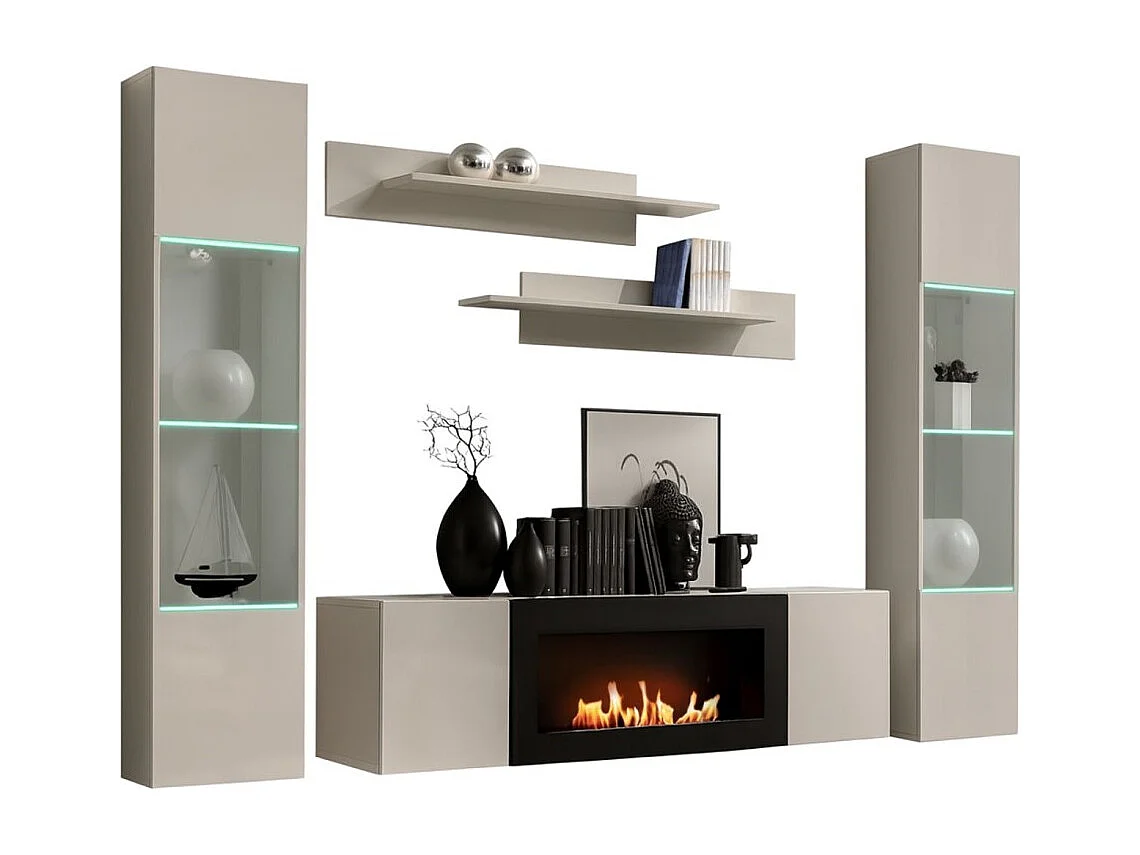 Composition murale FLY cachemire avec vitrines partiellement vitrées, cheminée bio-éthanol et LED