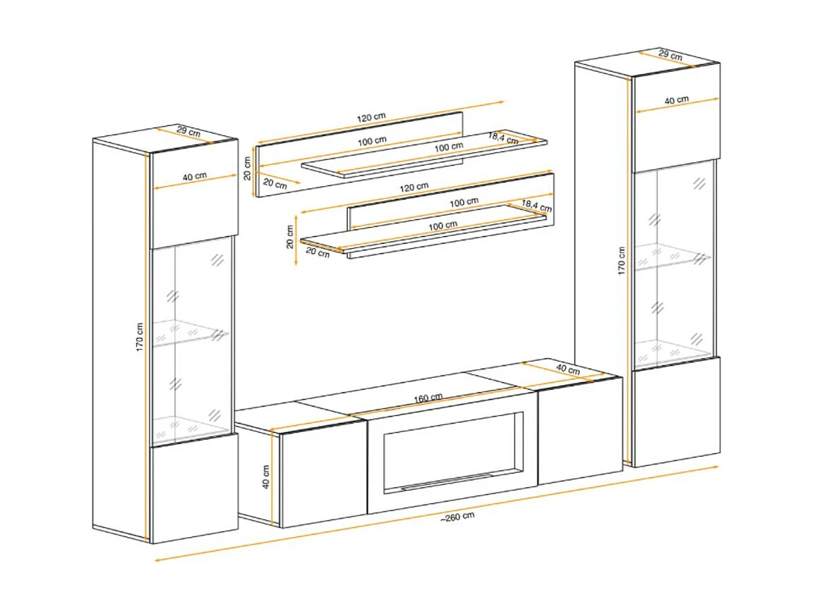 Composition murale FLY cachemire avec vitrines partiellement vitrées, cheminée bio-éthanol et LED