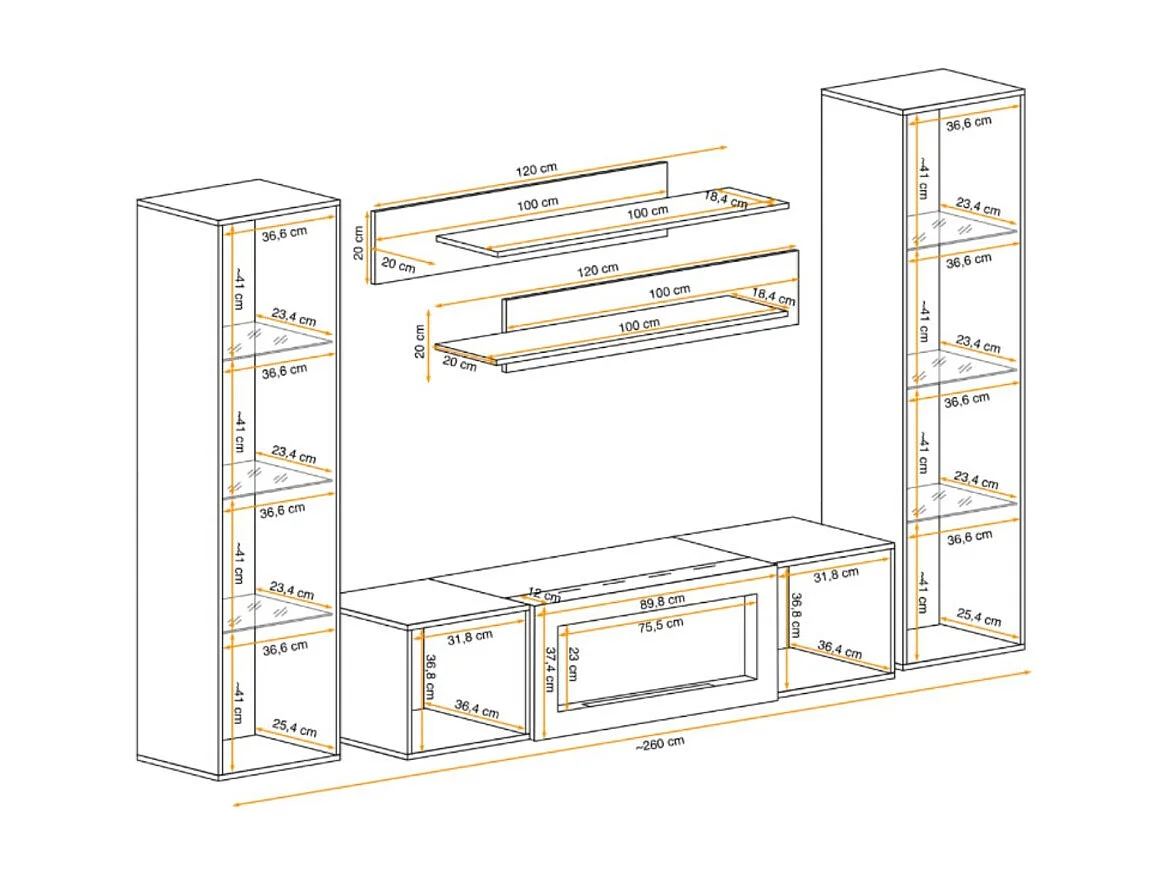 Composition murale FLY cachemire avec vitrines partiellement vitrées, cheminée bio-éthanol et LED