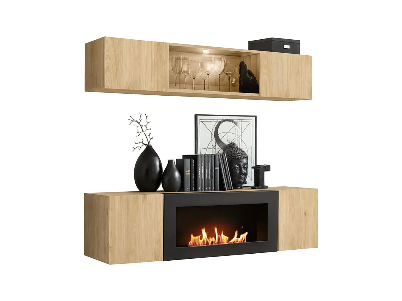 Composition murale FLY – Chêne clair – Vitrine horizontale partiellement vitrée et meuble TV avec cheminée bio-éthanol