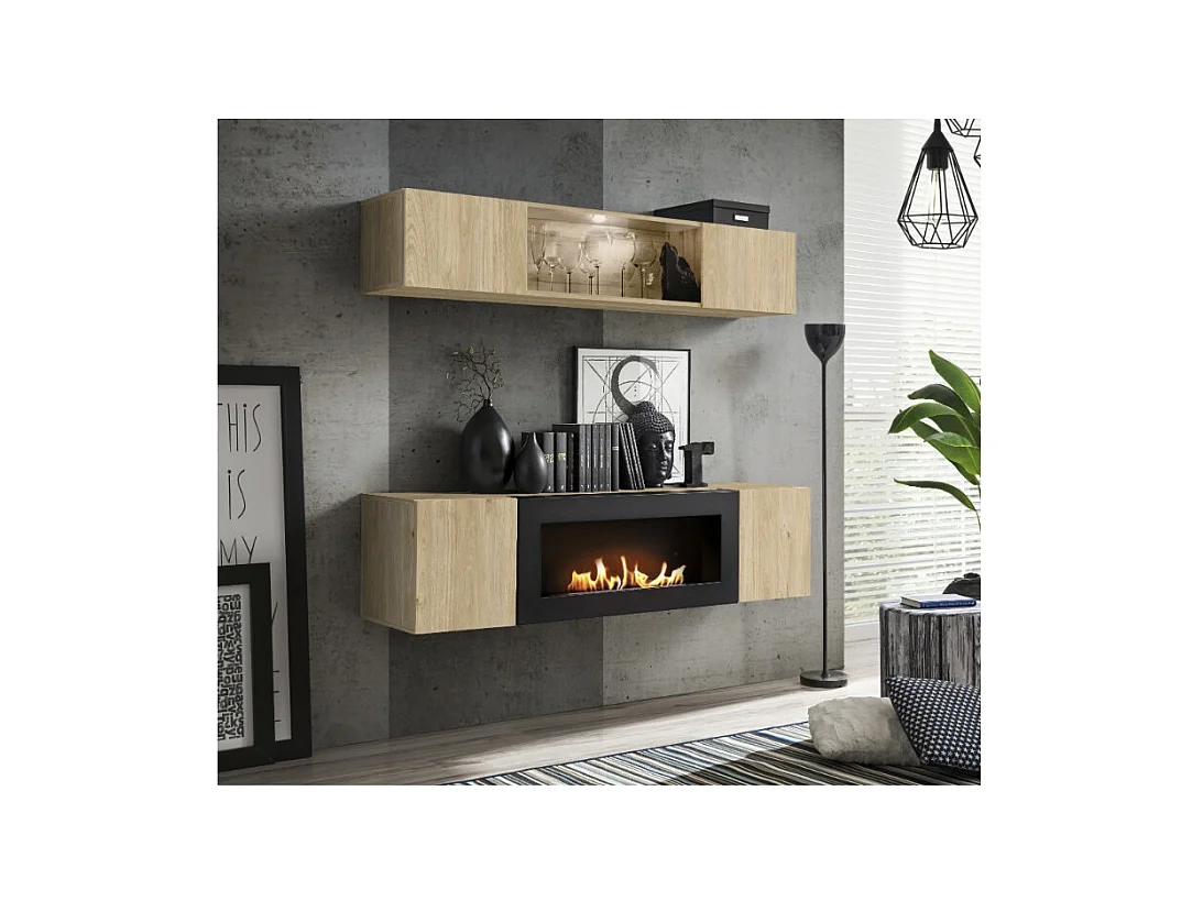 Composition murale FLY – Chêne clair – Vitrine horizontale partiellement vitrée et meuble TV avec cheminée bio-éthanol
