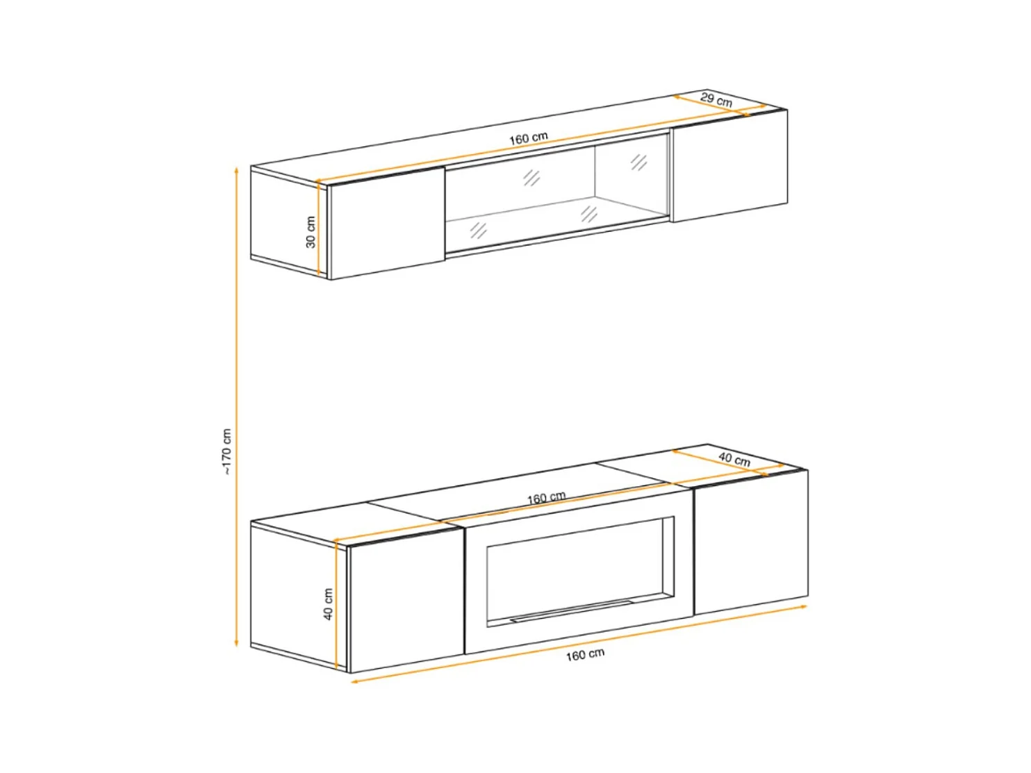 Composition murale FLY – Chêne clair – Vitrine horizontale partiellement vitrée et meuble TV avec cheminée bio-éthanol
