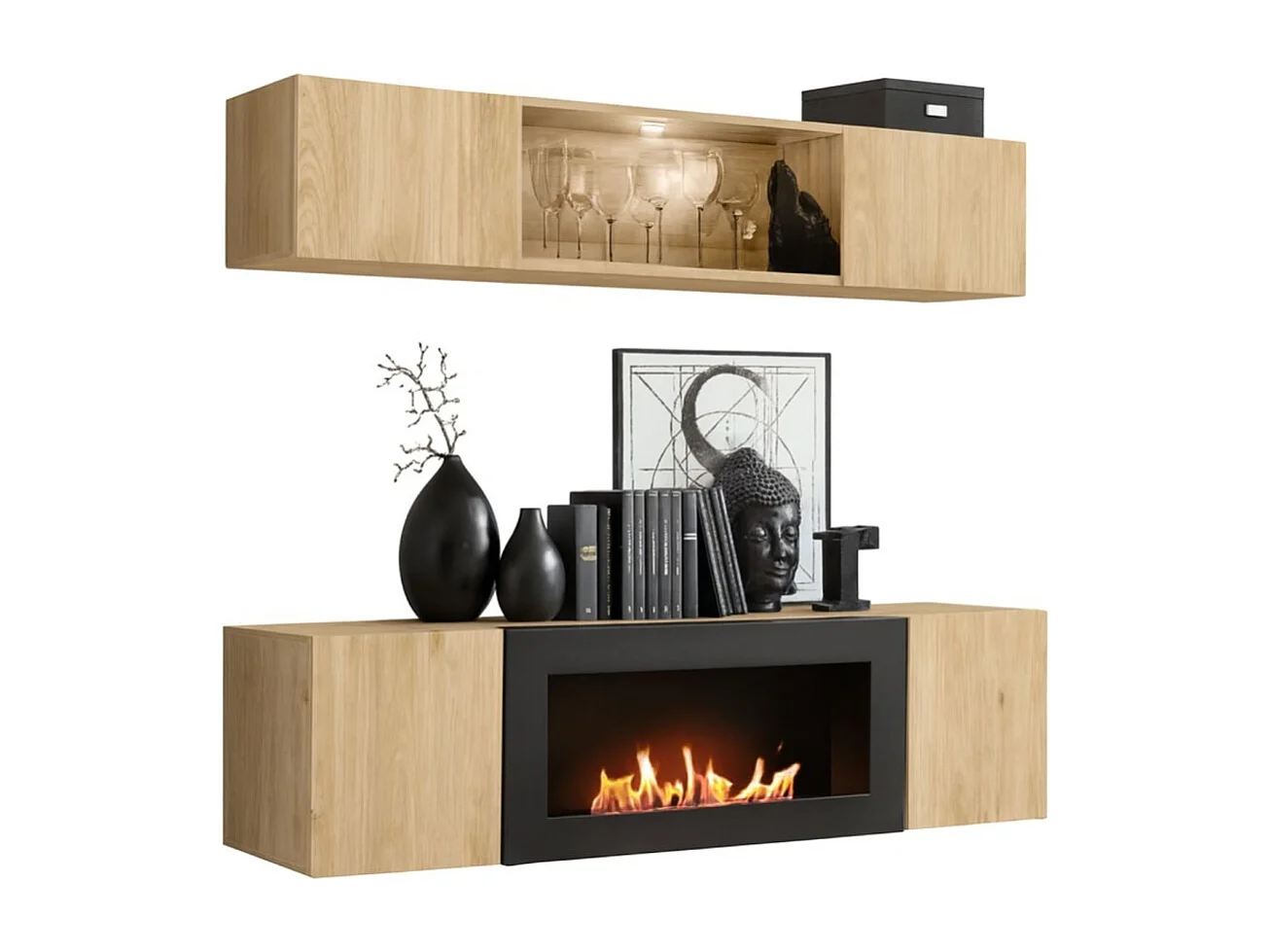Composition murale FLY – Chêne clair – Vitrine horizontale partiellement vitrée et meuble TV avec cheminée bio-éthanol