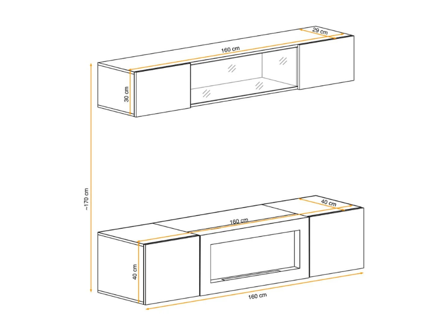 Composition murale FLY – Chêne clair – Vitrine horizontale partiellement vitrée et meuble TV avec cheminée bio-éthanol