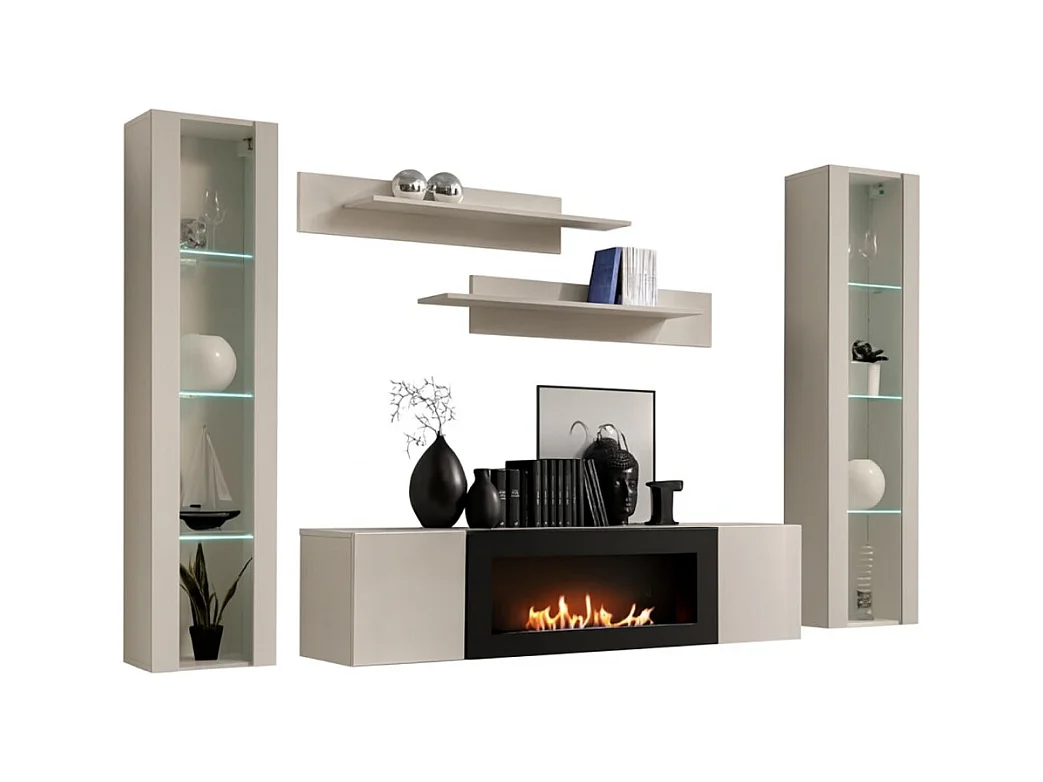 Composition murale FLY cachemire avec vitrines vitrées, cheminée bio-éthanol et LED