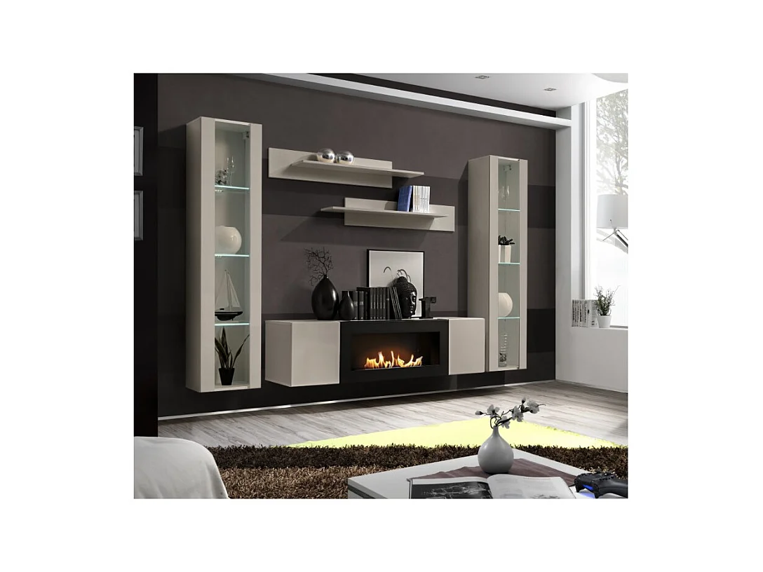 Composition murale FLY cachemire avec vitrines vitrées, cheminée bio-éthanol et LED