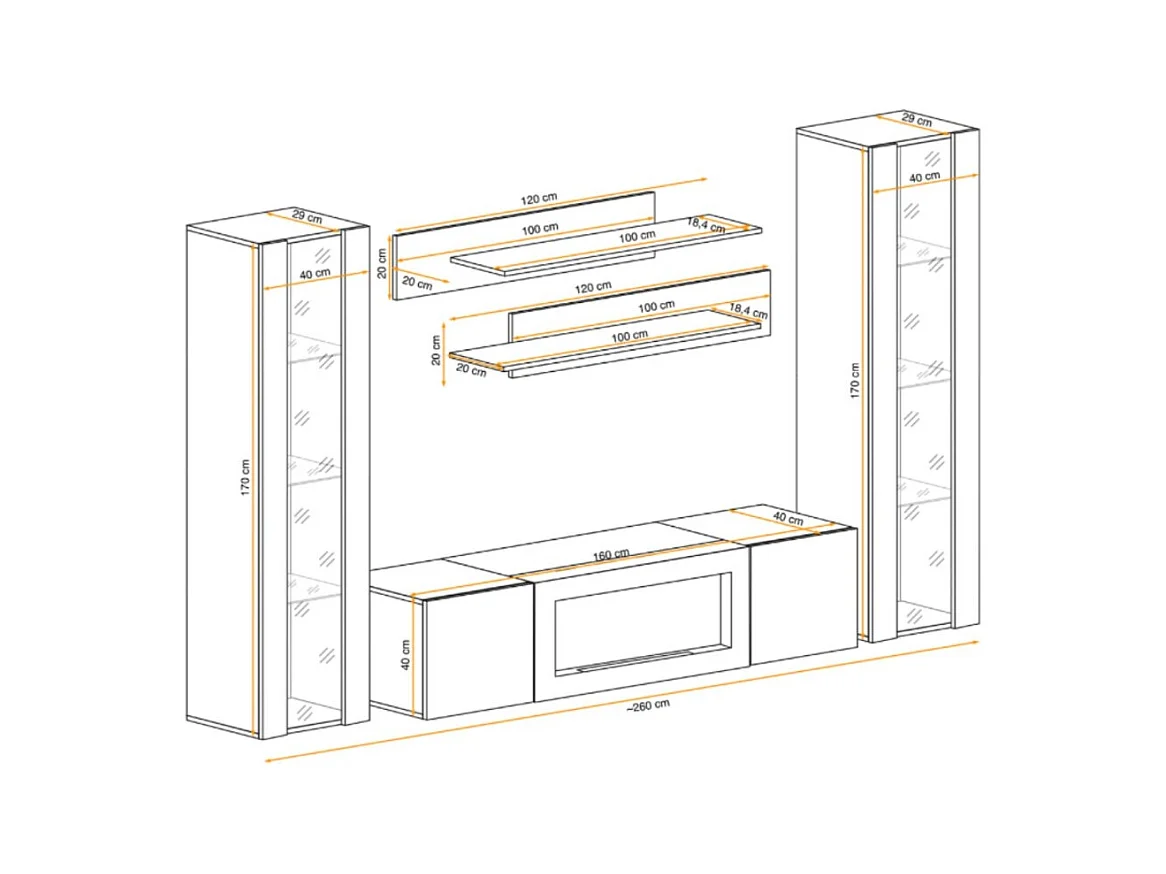Composition murale FLY cachemire avec vitrines vitrées, cheminée bio-éthanol et LED