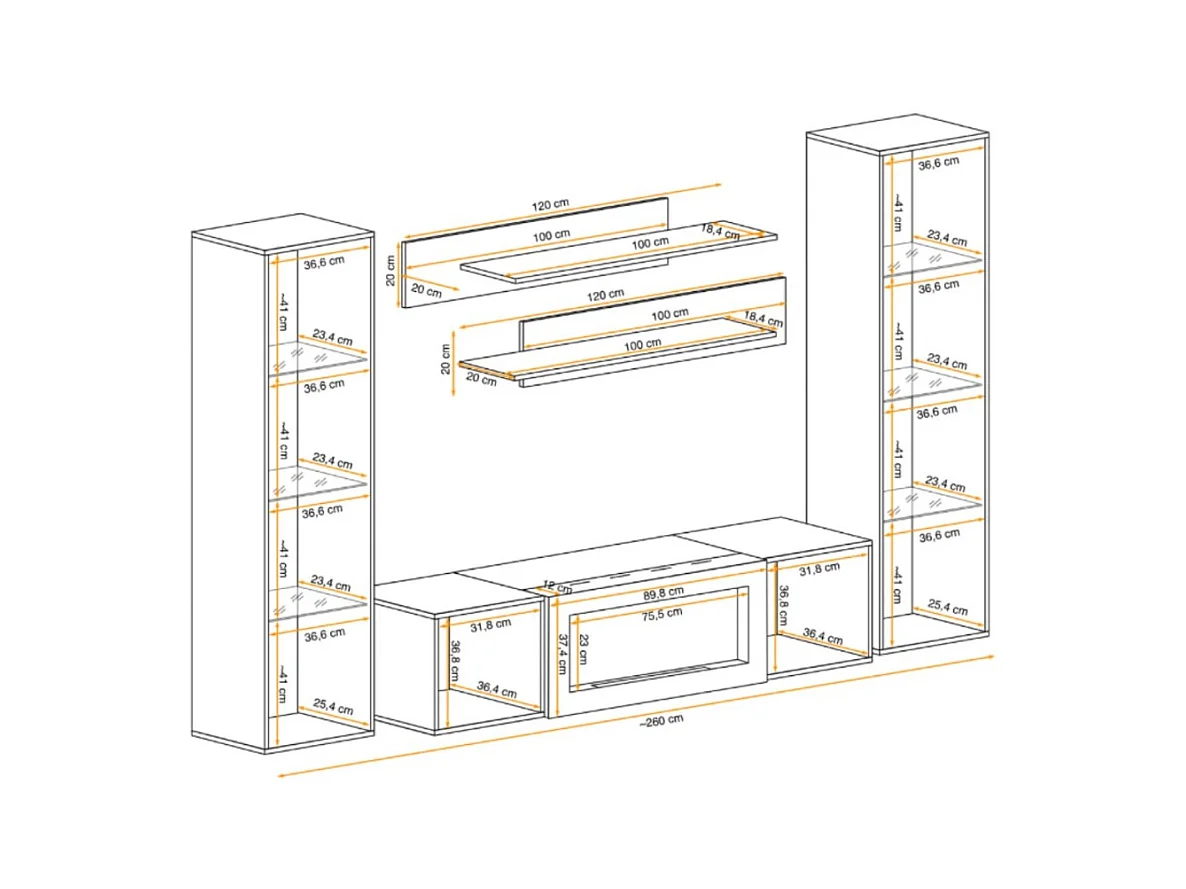 Composition murale FLY cachemire avec vitrines vitrées, cheminée bio-éthanol et LED