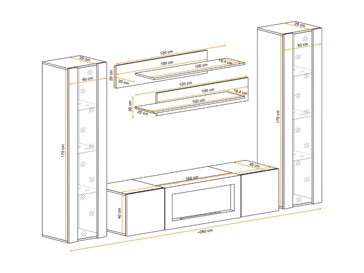 Composition murale FLY cachemire avec vitrines vitrées, cheminée bio-éthanol et LED