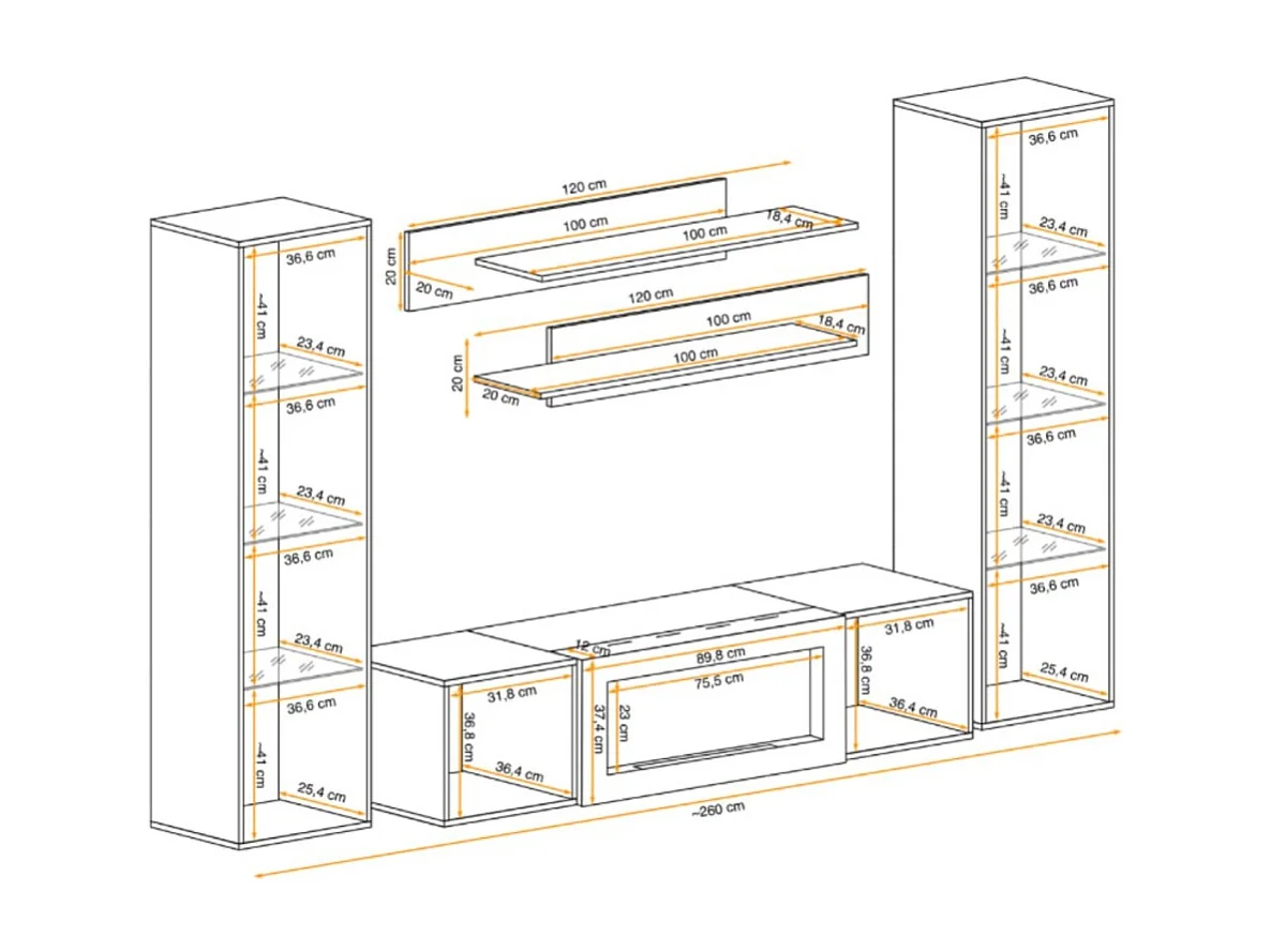 Composition murale FLY cachemire avec vitrines vitrées, cheminée bio-éthanol et LED